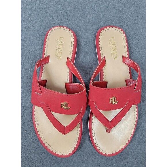 Lauren Ralph Lauren Sandals Womens Size 8 Red Thong Flip Flop RL Logo Gold - Picture 1 of 8